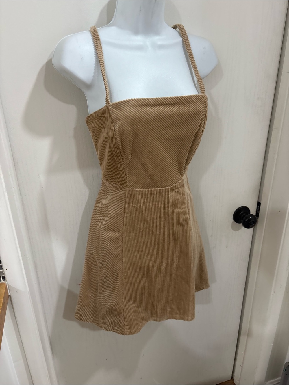 Corduroy babydoll western  Square-Neck Mini Dress in Tan